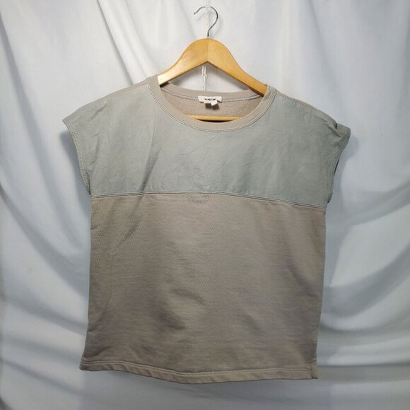 Helmut Lang Gray Cotton & Lambskin Leather Cap Sleeves Top Pullover Crew Neck S